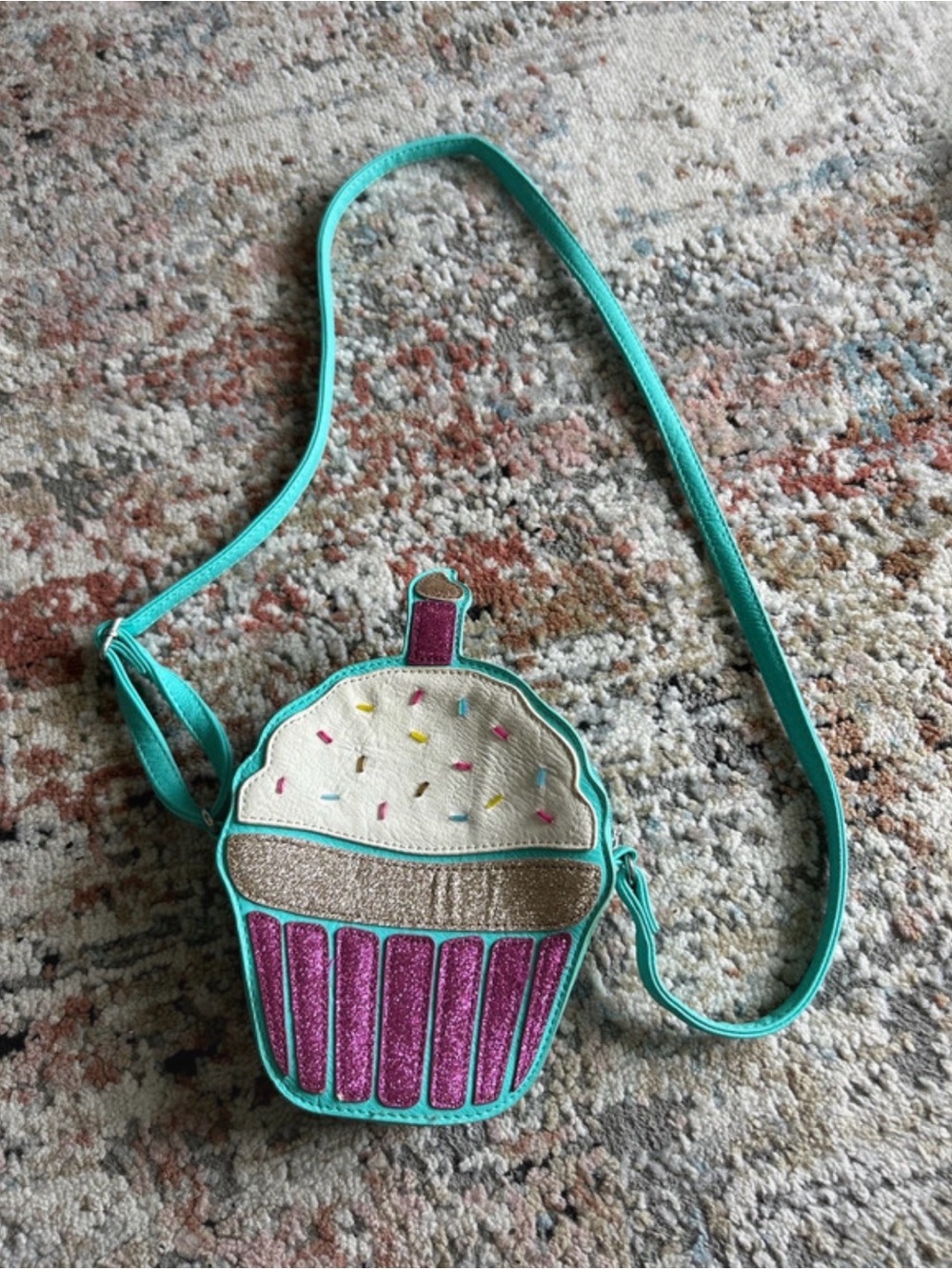 Kids Teal Cupcake Crossbody Bag with Pink Glitter